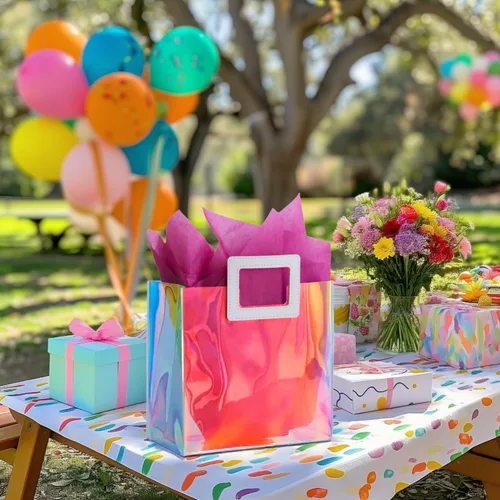 Vista 6 de VUOJUR 2 bolsas de regalo holográficas pequeñas de 8.3 pulgadas con papel de seda - orquídea