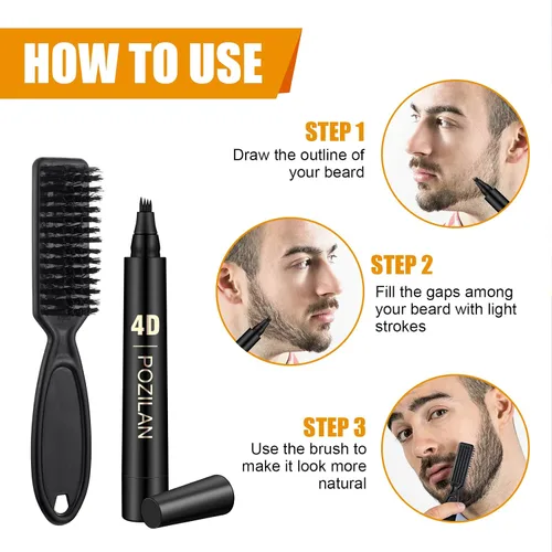 Vista 15 de Kit de aseo de barba negra resistente al agua de larga duración para hombre, bolígrafo de punta de micro-tenedor, cepillo de cerdas para bigote