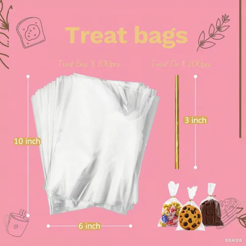 Vista 2 de Bolsa de celofán, 100 bolsas de golosinas de 6 x 10 pulgadas con lazos, bolsas de plástico transparente para embalaje, regalo, galletas, dulces