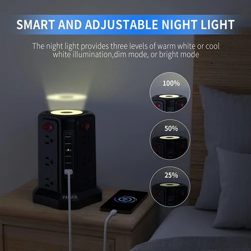 Vista 2 de Regleta de protección contra sobretensiones con torre y 5 puertos USB y luz nocturna, cable de extensión de 10 pies con 12 tomas múltiples de CA