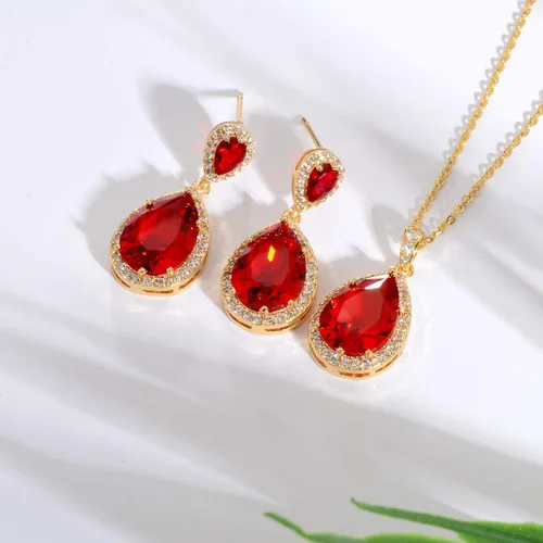 Vista 3 de Mycitta Juego de joyas de novia para boda, chapado en lágrima de 18 quilates, circonita cúbica, diamantes de imitación, juego de aretes para novia