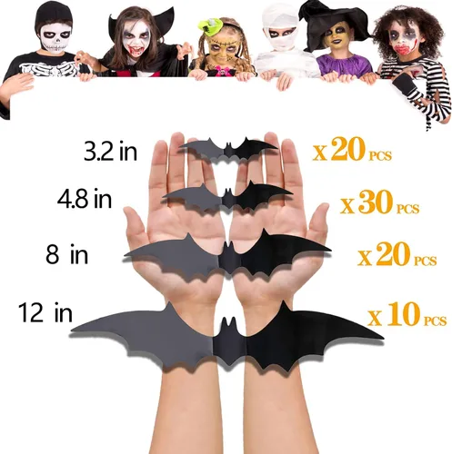 Vista 2 de 80 piezas de decoración de pared de murciélagos de Halloween, calcomanías de murciélago 3D de PVC, negro, estilo gótico, impermeable, uso