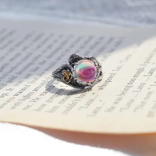 Vista 6 de Anillo de compromiso único con ramita floreciente, arco iris, piedra lunar, para mujer, estilo victoriano, joyería de plata tailandesa (talla 8)