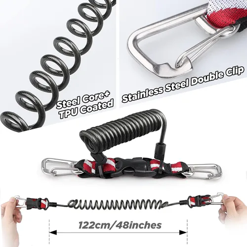 Vista 4 de Buceo Cordón retráctil, doble clips de acero inoxidable y núcleo en espiral anti-pérdida cordón con hebilla de liberación rápida