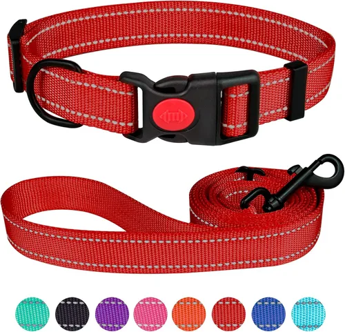 Vista 13 de Juego de collar y correa reflectante para perro con hebilla de bloqueo de seguridad, collares de nailon para mascotas ajustables para perros Negro