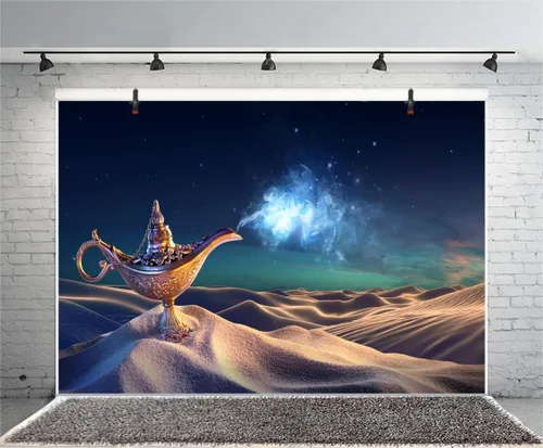 Vista 4 de AOFOTO Lámpara de genio de Aladino de 5 x 3 pies, telón de fondo del desierto místico, escena nocturna del desierto mágico, noches árabes, fondo