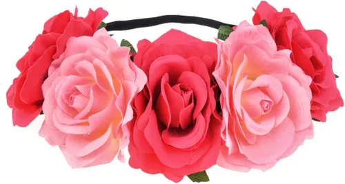 Vista 8 de Diadema de corona floral rosa guirnalda de flores para festival de boda Negro