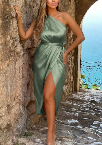 Vista 6 de PRETTYGARDEN Vestido de verano de satén fruncido de un hombro para mujer, sin mangas, envolvente, primavera, boda, cóctel, vestido midi