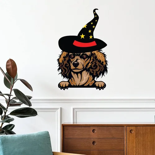 Vista 10 de Calcomanías de pared de Halloween con diseño de brujas, calcomanías de feliz Halloween, calcomanías de bienvenida para perro pug, decoración
