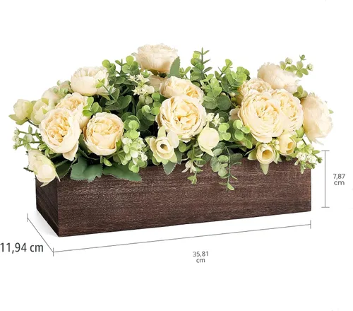 Vista 6 de Dahey Decoración de mesa de centro de mesa para comedor, mesa de granja, bandeja de madera con 3 flores artificiales y 2 eucaliptos para sala