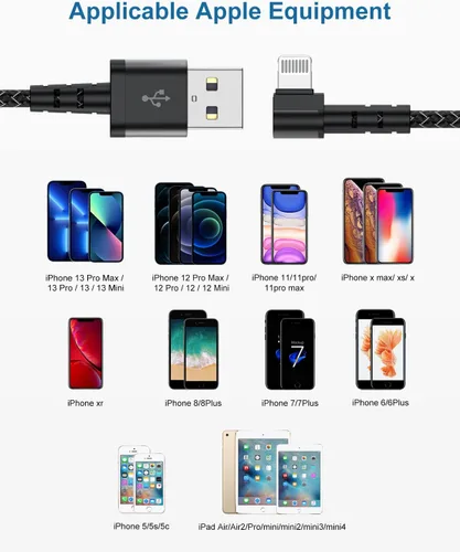 Vista 7 de Paquete de 3 cargadores de iPhone de 90 grados de 6 pies, cable de carga de nailon en ángulo recto de 6 pies para Apple iPhone, certificado MFi
