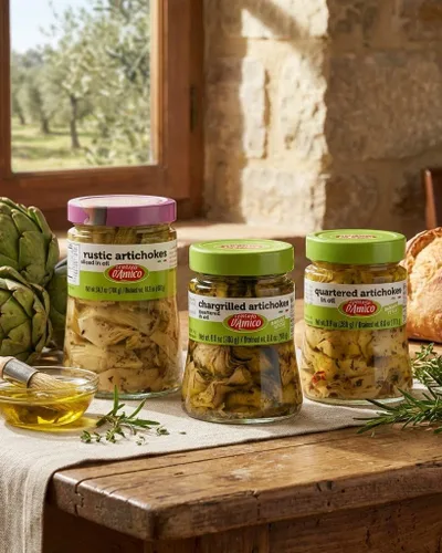 Vista 6 de Alcachofas rústicas en rodajas en aceite, calidad premium, seleccionado por el chef, tarro grande: 24.7oz (700 g), antipasto, marca italiana premium
