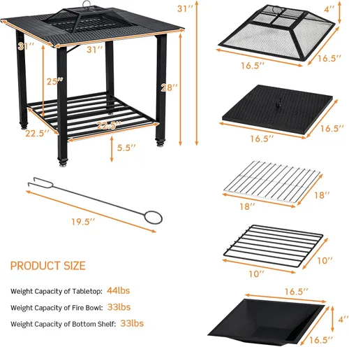 Vista 7 de Giantex Pozo de fuego de leña 4 en 1, mesa cuadrada con cubierta de malla, tapa extraíble, rejilla de cocina, rejilla de troncos y póquer de fuego