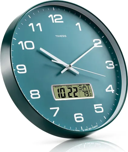 Vista 2 de Reloj de pared TIMESS, de 14" con gran esfera silenciosa y sin tictac, funciona con pilas, analógico con pantalla LCD para calendario perpetuo