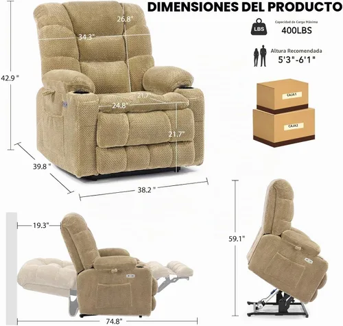 Vista 3 de EONIX Sillón reclinable de elevación eléctrica de doble motor, medianamente ancha, color beige