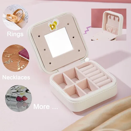 Vista 6 de Obsoorth Joyero portátil pequeño de viaje de piel sintética de gran capacidad con cremallera de franela mini organizador para aretes (blanco)