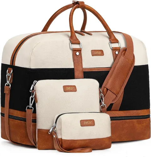 Vista 135 de IBFUN Bolsas de fin de semana para mujer, bolsa grande de lona para viaje, bolsa de viaje con compartimento para zapatos, 21 pulgadas, juego de 3