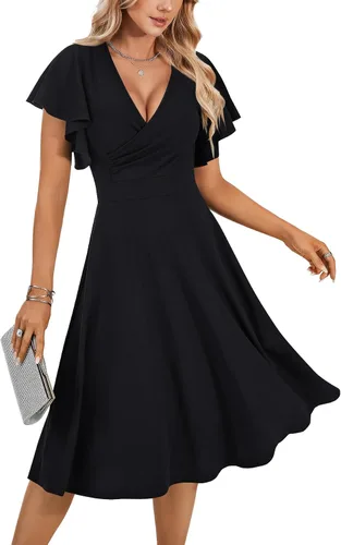 Vista 6 de LYANER Vestido de cóctel de manga corta con volantes y cuello en V, de línea A, con vuelo y estilo midi para mujer Negro puro