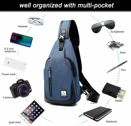 Vista 2 de uowan - Mochila pequeña cruzada sobre el hombro para hombres y mujeres, viajes al aire libre, mochila ligera para el pecho, Azul, Duradero