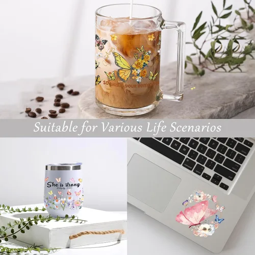 Vista 6 de AFRITEE Envolturas de tazas UV DTF – 8 hojas de pintura de acuarela de mariposa azul rosa colorido flor floral mariposa frotar en transferencias UV