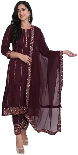 Vista 2 de Trend Matters Conjunto de pantalón Kurta de rayón morado para mujer india