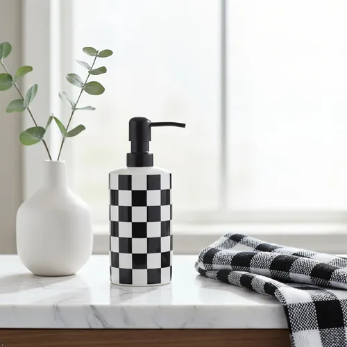 Vista 3 de Dispensador de jabón de manos, dispensador de jabón de baño con bomba de acero inoxidable, botellas de loción de loción de cerámica en blanco y Negro