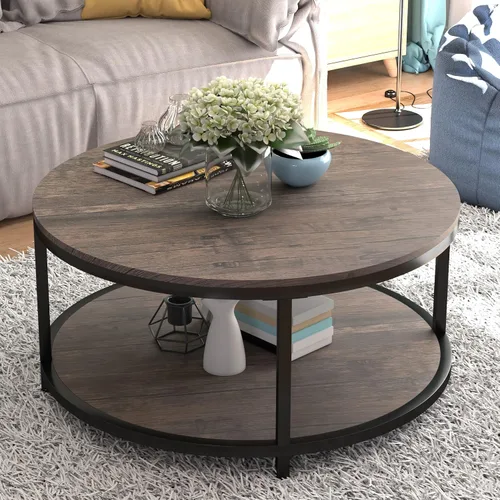 Vista 14 de NSdirect Mesa auxiliar redonda de 32 pulgadas para sala de estar, mesa central de madera maciza de 2 niveles para decoración del hogar con estante