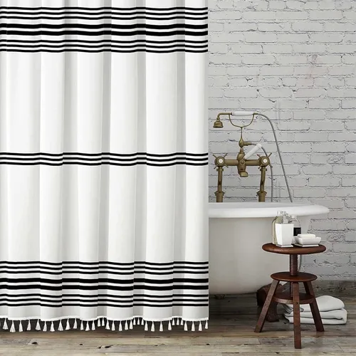 Vista 9 de Seasonwood Cortina de ducha gris y blanca con borlas Cortinas de ducha estilo granja moderna para decoración de baño 72L"x72A" Lavable a máquina