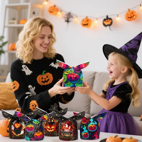 Vista 7 de Weenkilly 100 Bolsas de Golosinas de Halloween, 6 Estilos de Bolsas de Dulces para Niños, Linda Bolsa de Plástico con Orejas de Conejo, Bolsa