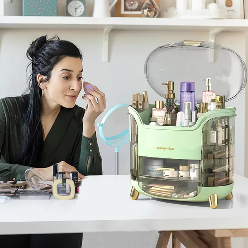 Vista 5 de Organizador de maquillaje y organizador de cuidado de la piel, caja organizadora de cosméticos para encimera con tapa y cajones, organizador