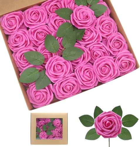Vista 9 de Rosas artificiales de color rosa claro, 100 unidades, rosas falsas de espuma de aspecto real con tallos para ramos de boda, centros de mesa