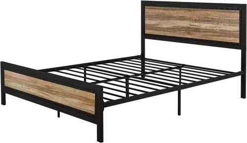 Vista 8 de MUTICOR Base de cama matrimonial con cabecera de madera, plataforma de estilo industrial con decoración de remaches y diseño esmerilado, base