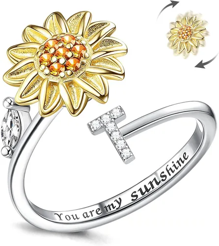 Vista 2 de Kucheed Anillos giratorios para mujeres, anillo giratorio de tamaño ajustable con diseño de girasol, anillo circular de dedo plateado apilable