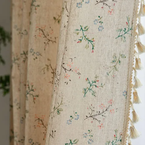 Vista 5 de Cortina de lino de algodón con estampado floral de hojas, panel de cortina para ventana con borlas y bolsillo para barra, cortina decorativa rústica