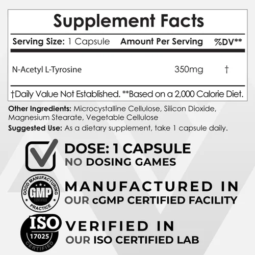 Vista 2 de Nootropics Depot Cápsulas de N-acetil L-tirosina 350 mg 120 unidades NALT Suplemento de aminoácidos Suplemento natural Apoya la memoria