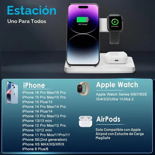 Vista 3 de Cargador inalámbrico, estación de carga 3 en 1 para múltiples dispositivos, soporte de carga para iPhone serie 8-16, Apple Watch, AirPods Pro 3 2