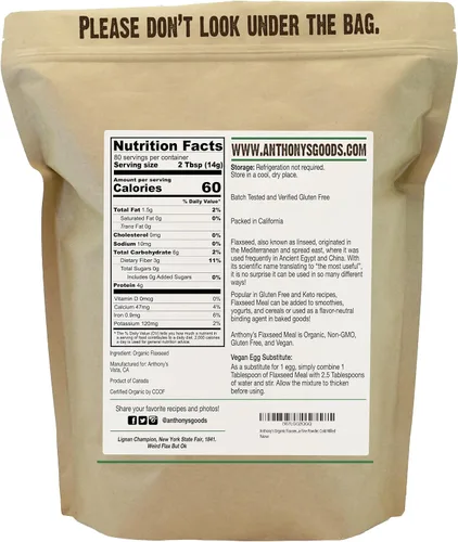 Vista 2 de Anthony's Harina de linaza orgánica, 2.5 libras, sin gluten, polvo molido ultrafino, molido en frío, apto para dieta keto