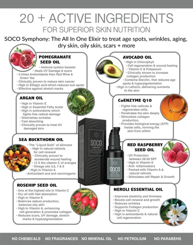 Vista 3 de Suero oleoso orgánico anti envejecimiento de SOCO Botanicals, exquisita mezcla esencial para el rostro con rhamnus marino, Neroli y COQ10