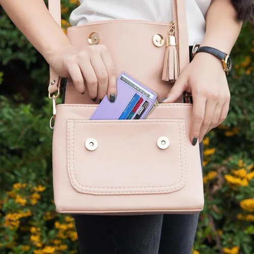 Vista 9 de Sodsay Estuche para tarjetas, cartera delgada con bolsillo frontal, para mujer, sujetatarjetas con llavero