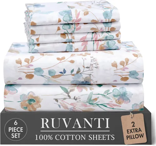 Vista 39 de RUVANTI Juego de sábanas de 4 piezas de algodón 100% natural de percal suave, ligero y transpirable, con bolsillos profundos de 16 pulgadas