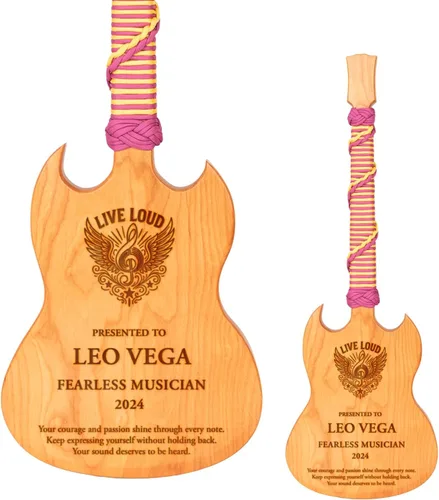 Vista 9 de Premio personalizado de guitarra Cherrywood, placa grabada personalizada con mango de paracaídas azul, 23 x 8 pulgadas Regalo para músicos