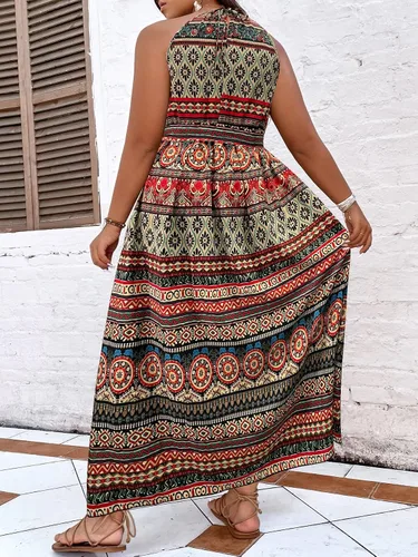 Vista 2 de MakeMeChic Vestido largo bohemio con lazo en la espalda, sin mangas, cintura alta, línea A, con cinturón
