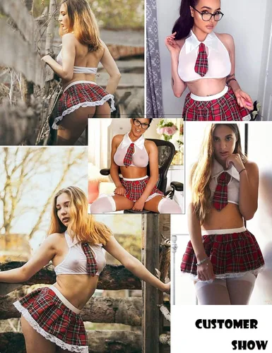 Vista 3 de Avidlove - Conjunto de lencería sexy para mujer, disfraz de colegiala con top, corbata y minifalda