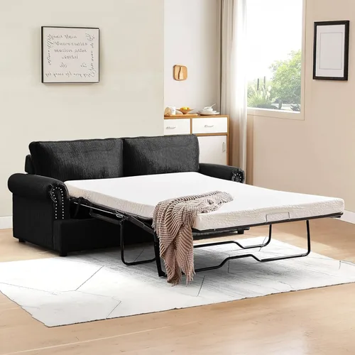 Vista 3 de Sofá cama reversible con cómodo colchón de espuma viscoelástica, sofá extraíble de pana convertible de tamaño matrimonial para sala de estar, Negro