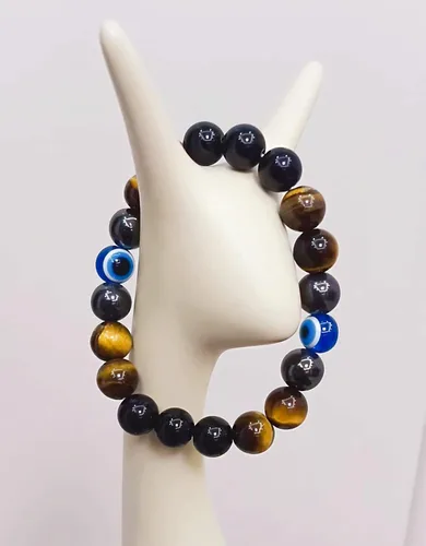 Vista 6 de Pulseras de triple protección con piedra de ojo de tigre de obsidiana negra con hematita para hombres y mujeres, pulsera de piedra curativa