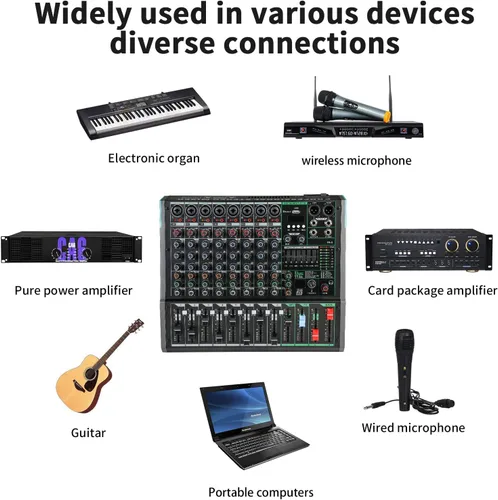Vista 5 de Mezclador de DJ de 8 canales, mesa de DJ para sistemas de escenario PA con 99 tipos de efectos digitales DPS, efecto eco+retardo, entrada