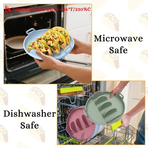 Vista 3 de Platos de silicona para tacos, juego de 3 bandejas reutilizables para servir tacos con 4 divisores, apto para lavavajillas y microondas, soporte