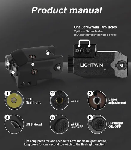 Vista 5 de LIGHTWIN Combo de luz láser verde de 350 lúmenes linterna táctica con USB recargable para pistolas, pistolas, mira láser, riel Picatinny Fit