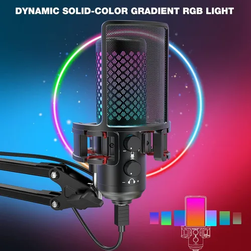 Vista 6 de ZealSound Micrófono USB para iPhone, iPad, teléfono, PC, micrófono RGB para juegos con metal completo, silencio, filtro pop, ganancia