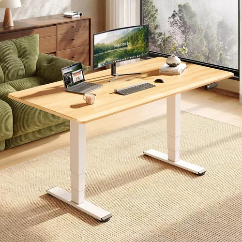 Vista 19 de SANODESK Escritorio de pie de madera maciza de caucho con motor dual 48"x24 Mesa natural + marco blanco
